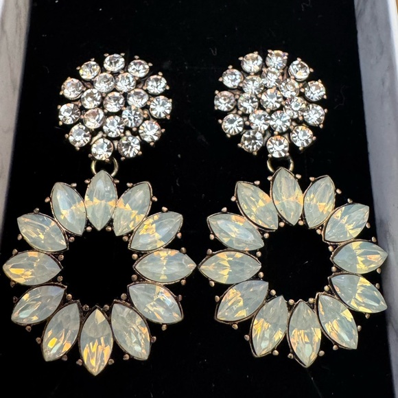 Iridescent, Opalescent Resin Flower Dangle Earrings with Sparkling Rhinestones - Picture 1 of 5